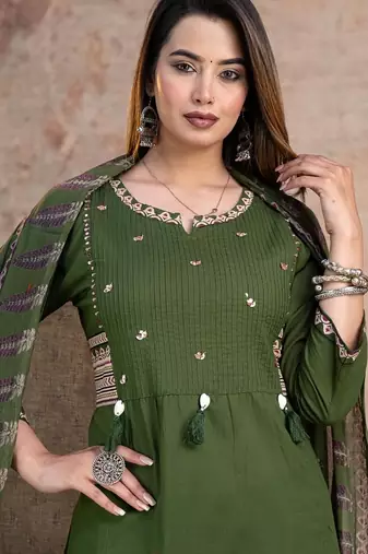 Floral embroidered green round neck  cotton kurta set with trouser & dupatta