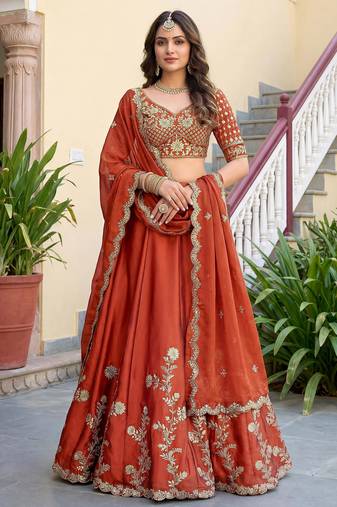  orange thread embroidered silk lehenga set choli with dupatta