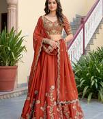  orange thread embroidered silk lehenga set choli with dupatta