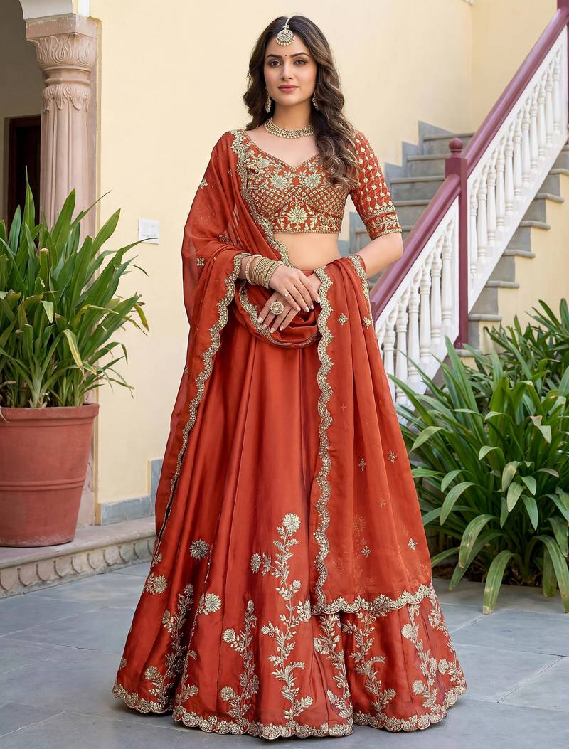  orange thread embroidered silk lehenga set choli with dupatta