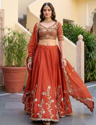 orange thread embroidered silk lehenga set choli with dupatta 2