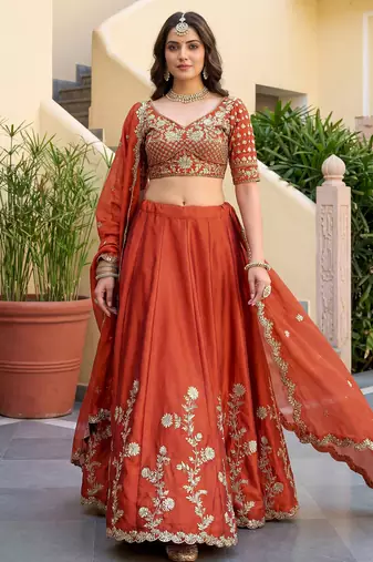  orange thread embroidered silk lehenga set choli with dupatta