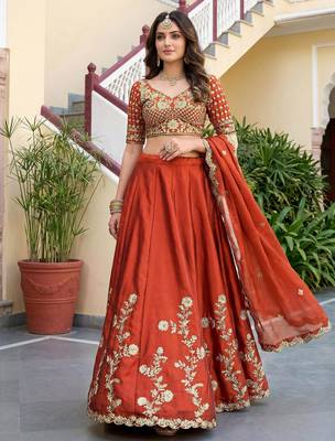  orange thread embroidered silk lehenga set choli with dupatta 3
