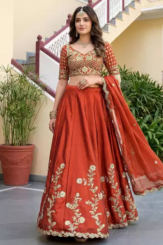 orange thread embroidered silk lehenga set choli with dupatta