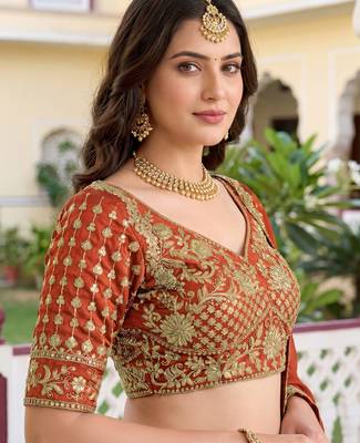  orange thread embroidered silk lehenga set choli with dupatta 5
