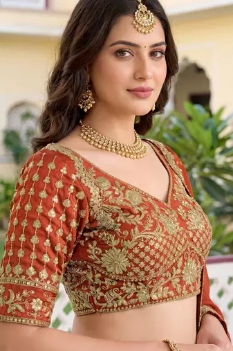  orange thread embroidered silk lehenga set choli with dupatta