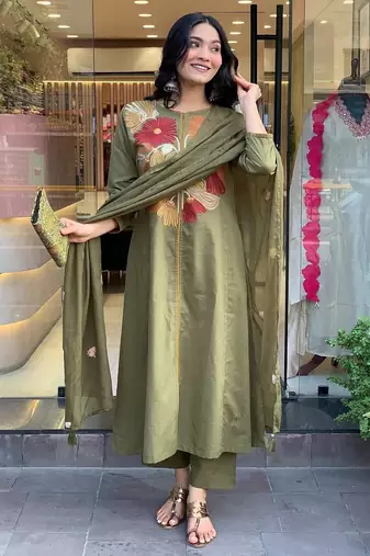 Floral embroidered green round neck  cotton kurta set with trouser & dupatta