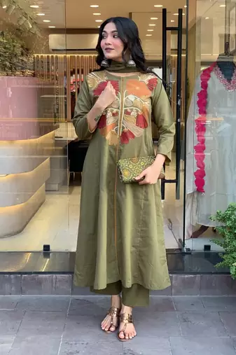 Floral embroidered green round neck  cotton kurta set with trouser & dupatta