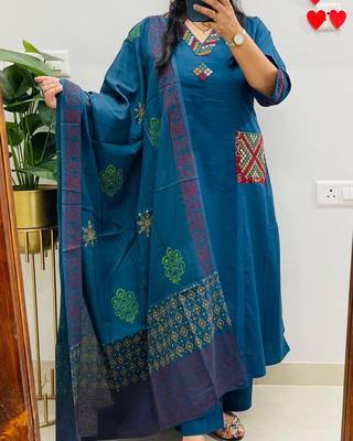 Floral embroidered blue v neck  cotton kurta set with trouser & dupatta 1