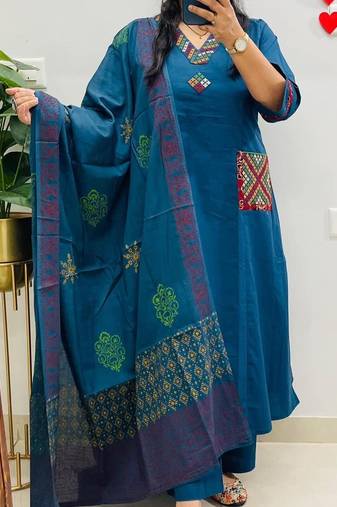 Floral embroidered blue v neck pure cotton kurta set with trouser & dupatta