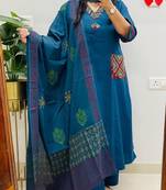 Floral embroidered blue v neck pure cotton kurta set with trouser & dupatta