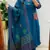 Floral embroidered blue v neck pure cotton kurta set with trouser & dupatta