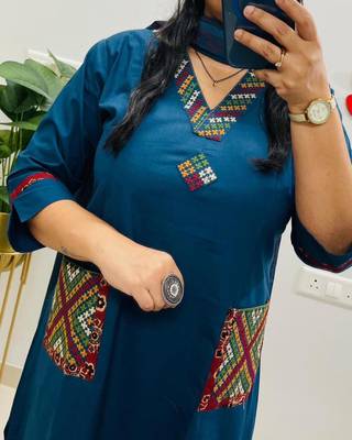 Floral embroidered blue v neck  cotton kurta set with trouser & dupatta 2
