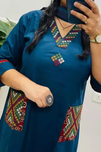 Floral embroidered blue v neck  cotton kurta set with trouser & dupatta