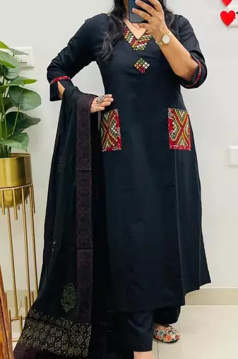 Floral embroidered black v neck pure cotton kurta set with trouser & dupatta