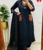 Floral embroidered black v neck pure cotton kurta set with trouser & dupatta