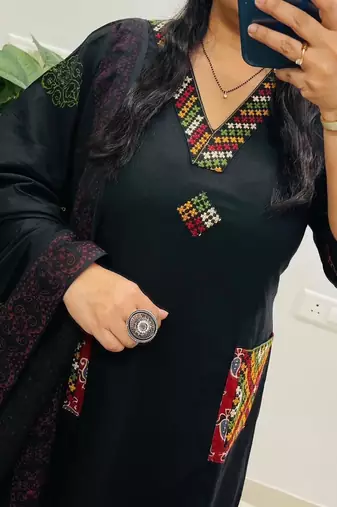 Floral embroidered black v neck  cotton kurta set with trouser & dupatta