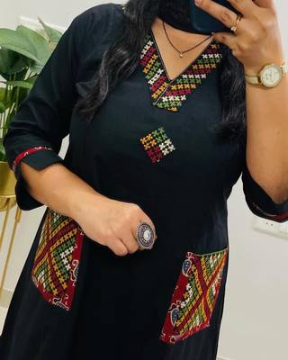 Floral embroidered black v neck  cotton kurta set with trouser & dupatta 3