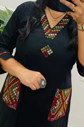 Floral embroidered black v neck  cotton kurta set with trouser & dupatta
