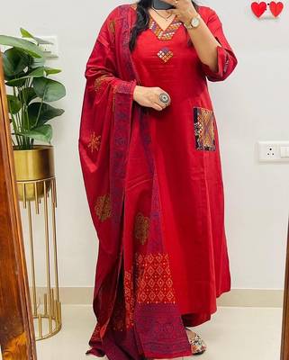 Floral embroidered red v neck  cotton kurta set with trouser & dupatta 1