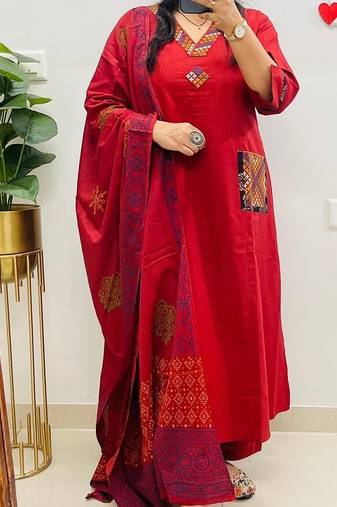 Floral embroidered red v neck pure cotton kurta set with trouser & dupatta