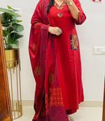 Floral embroidered red v neck pure cotton kurta set with trouser & dupatta