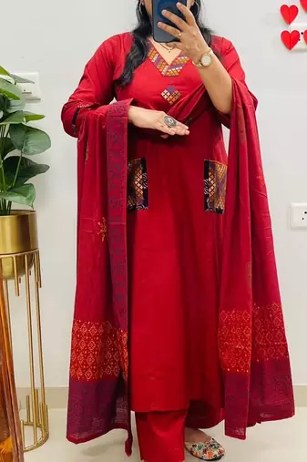 Floral embroidered red v neck  cotton kurta set with trouser & dupatta