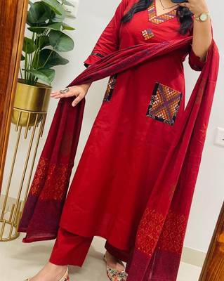 Floral embroidered red v neck  cotton kurta set with trouser & dupatta 3
