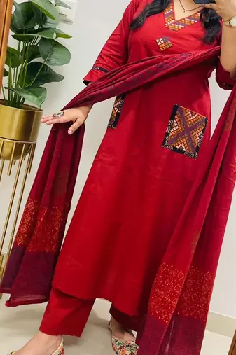 Floral embroidered red v neck  cotton kurta set with trouser & dupatta