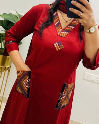 Floral embroidered red v neck  cotton kurta set with trouser & dupatta 4