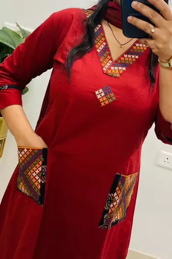 Floral embroidered red v neck  cotton kurta set with trouser & dupatta