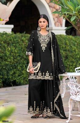Black chinon readymade plazzo suit with heavy embroidery  1