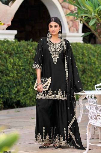 Black chinon readymade plazzo suit with heavy embroidery work