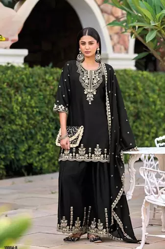 Black chinon readymade plazzo suit with heavy embroidery work