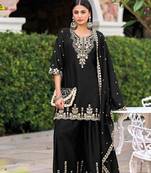 Black chinon readymade plazzo suit with heavy embroidery work