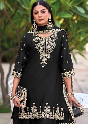 Black chinon readymade plazzo suit with heavy embroidery  2