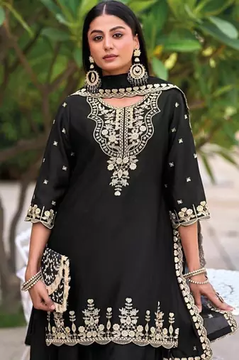 Black chinon readymade plazzo suit with heavy embroidery 