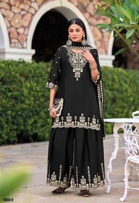 Black chinon readymade plazzo suit with heavy embroidery  3
