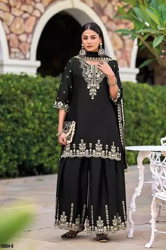 Black chinon readymade plazzo suit with heavy embroidery 