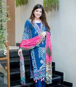 Floral embroidered blue round neck muslin kurta set with trouser & dupatta