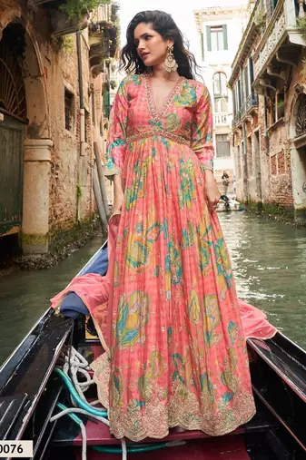 Pink chinon silk readymade anarkali suit with embroidery work - Full stitched free size