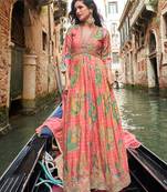 Pink chinon silk readymade anarkali suit with embroidery work - Full stitched free size