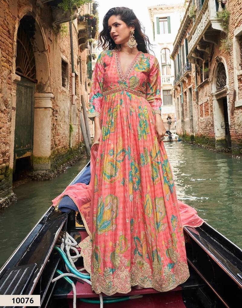 Pink chinon silk readymade anarkali suit with embroidery work - Full stitched free size