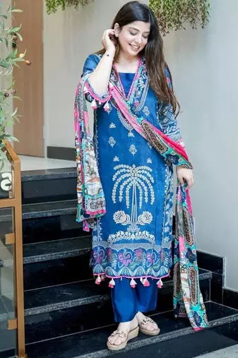 Floral embroidered blue round neck muslin kurta set with trouser & dupatta