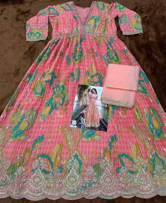 Pink chinon silk readymade anarkali suit with embroidery - Full stitched free size 2
