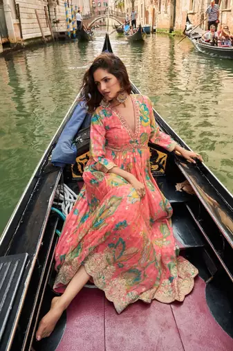 Pink chinon silk readymade anarkali suit with embroidery - Full stitched free size