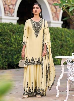 Beige chinon readymade plazzo suit with heavy embroidery  1