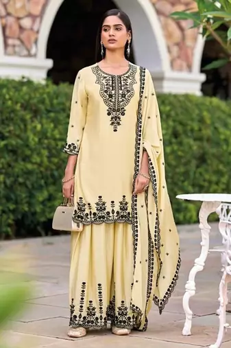 Beige chinon readymade plazzo suit with heavy embroidery work