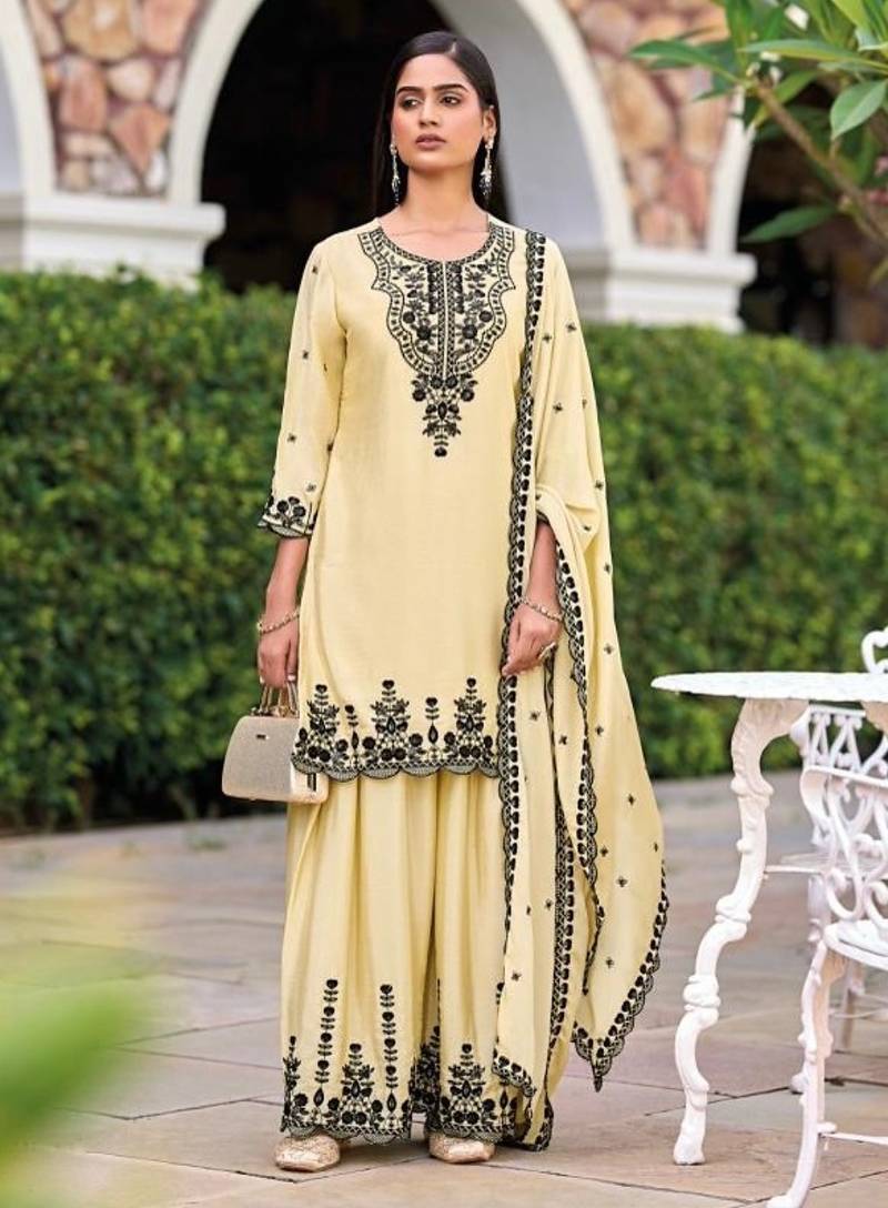 Beige chinon readymade plazzo suit with heavy embroidery work