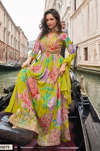 Mustard chinon silk readymade anarkali suit with embroidery work - Full stitched free size